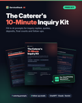 The Caterer's 10-Minute Inquiry Kit by ServiceStack AI: free PDF with 7 catering AI prompts, 3 follow-up emails and a per-head pricing worksheet