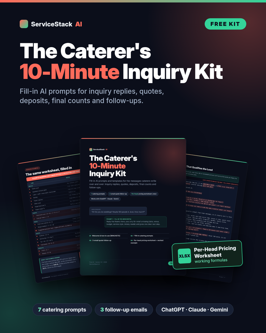 The Caterer's 10-Minute Inquiry Kit by ServiceStack AI: free PDF with 7 catering AI prompts, 3 follow-up emails and a per-head pricing worksheet